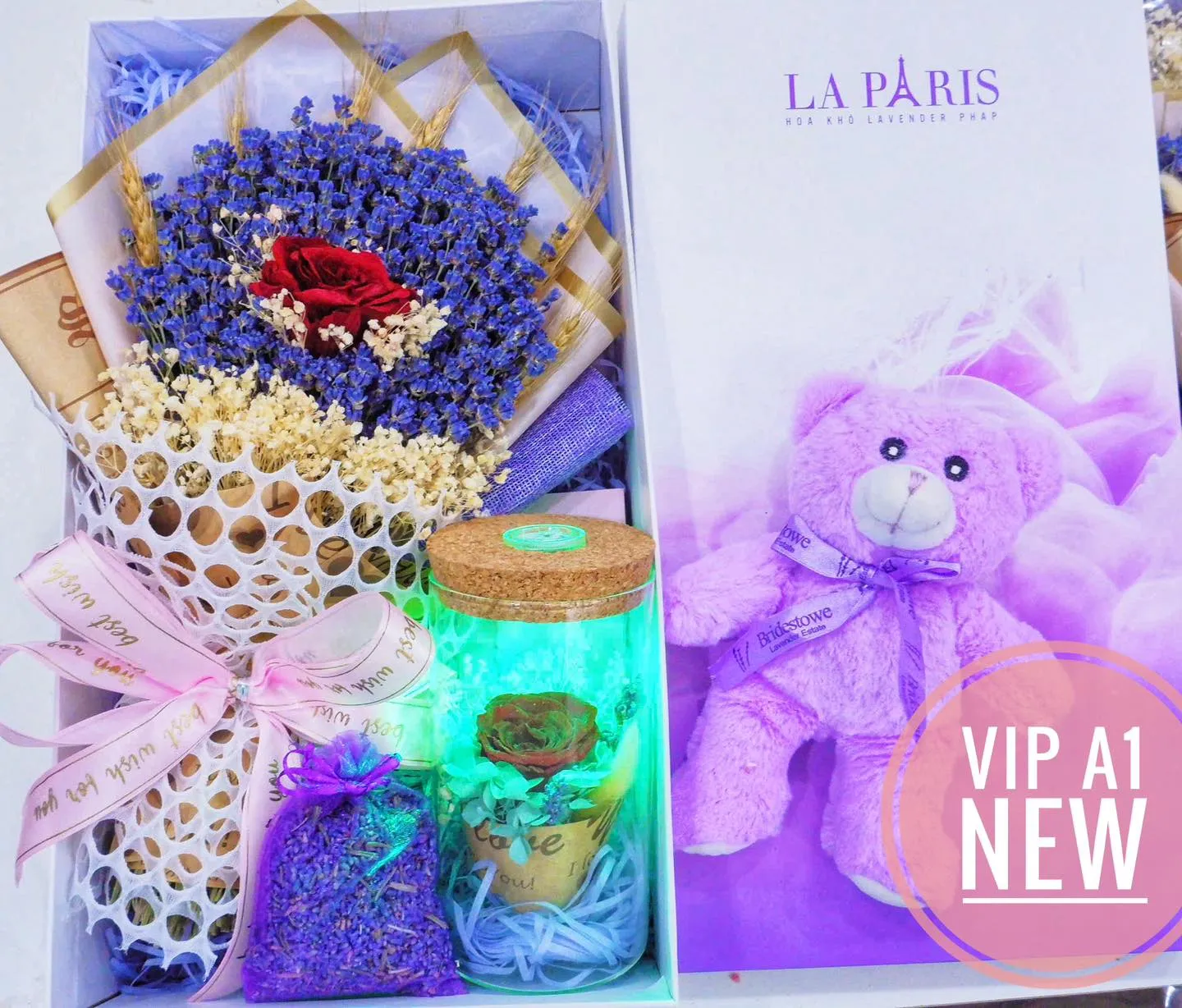 Hộp quà oải hương VIP A1 với gấu lavender và lọ hồng phát sáng